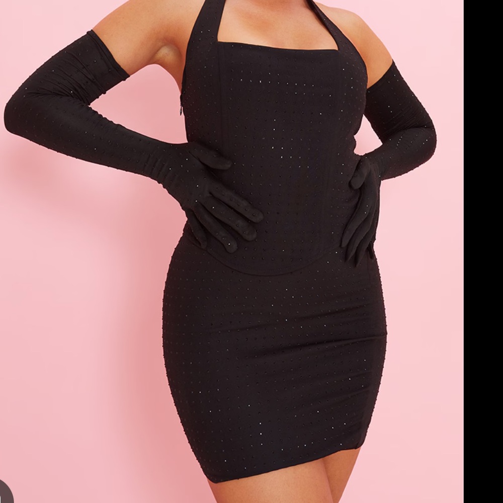 PLT Black Diamante Boned Halterneck Glove Detail Bodycon Dress